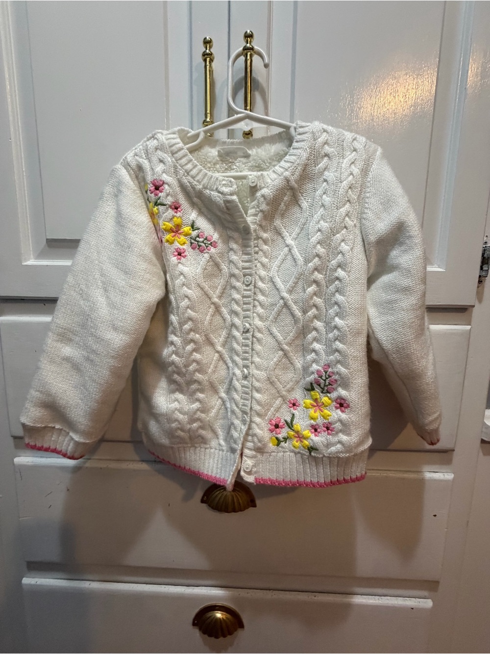 Babyoye Girl’s 4T Cotton Knit White Embroidered Button fleece lined sweater
